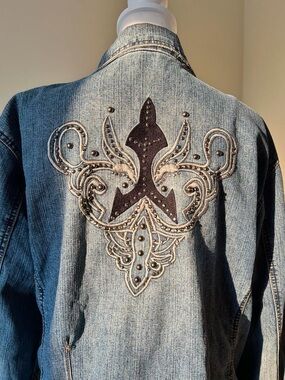 Denim Jacket with Embroidered Fleur-de-Lis Back